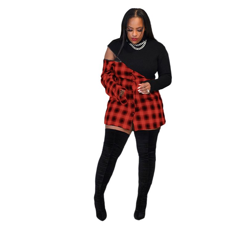 Abito da donna in maglia con gonna scozzese a maniche lunghe girocollo patchwork_voghion.com