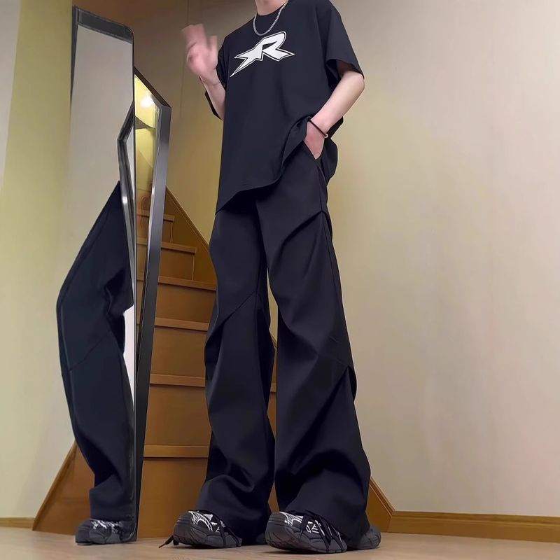 Amerikanische High-Street-Hose, plissiert, drapiert, einfarbig, Unisex, lässig, leicht ausgestellt, hochwertiges Design, Cleanfit-Hose_voghion.com