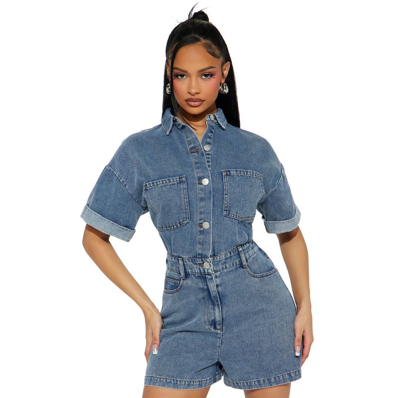 Salopetă din denim spălat, cu mânecă scurtă și elastică, lejeră, pentru femei_voghion.com
