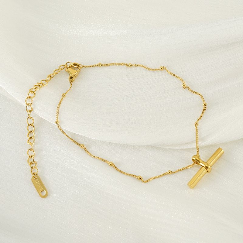 Minimalist Stainless Steel Gold-Plated Personality T-Bar Barbell Pendant Round Bead Chain Anklet For Women_voghion.com