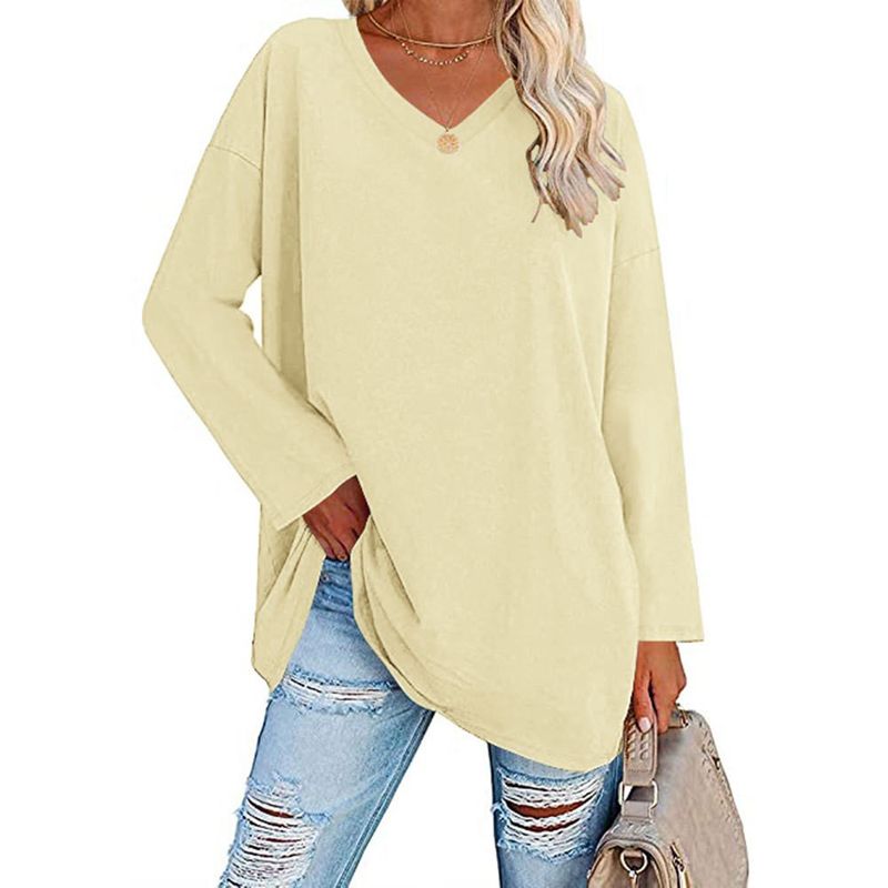 Camiseta extra grande, nova, solta, ombro caído, decote em V, cor sólida, top feminino, manga comprida_voghion.com