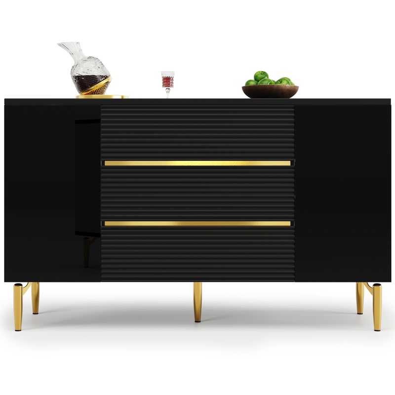 Kommode Schwarz Mit Kariertem Schubladendesign, Goldverzierung_voghion.com