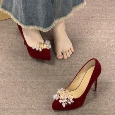 Scarpe da sposa in stile cinese Hanfu per donna, con plateau impermeabile, suola spessa, tacco sottile, tacchi alti rossi in velluto di alta qualità_voghion.com