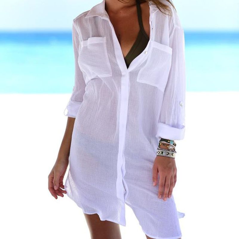 2021 Summer New European And American Women's Long Sleeve Turn-Down Collar Ruched Beach Sunscreen Shirt_voghion.com