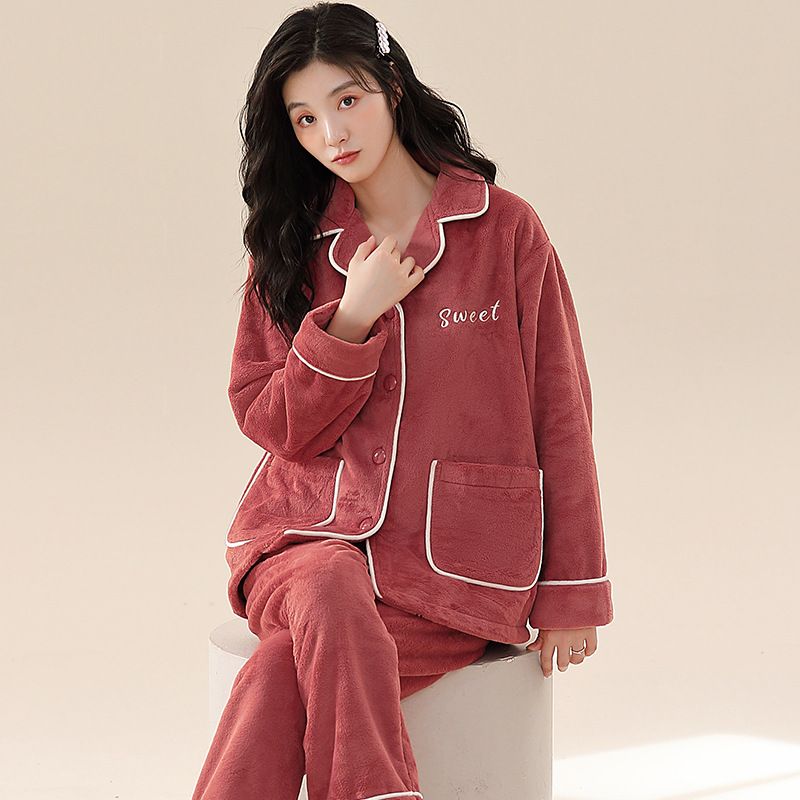 Damvinterpyjamas med förtjockad korallfleece 2024 nya flanellvarma hemkläder för vår och höst_voghion.com