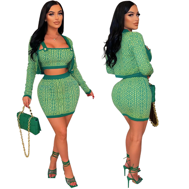 Damen-Langarm-Cardigan-Weste, Wickel-Hüftrock, bedrucktes dreiteiliges Set_voghion.com