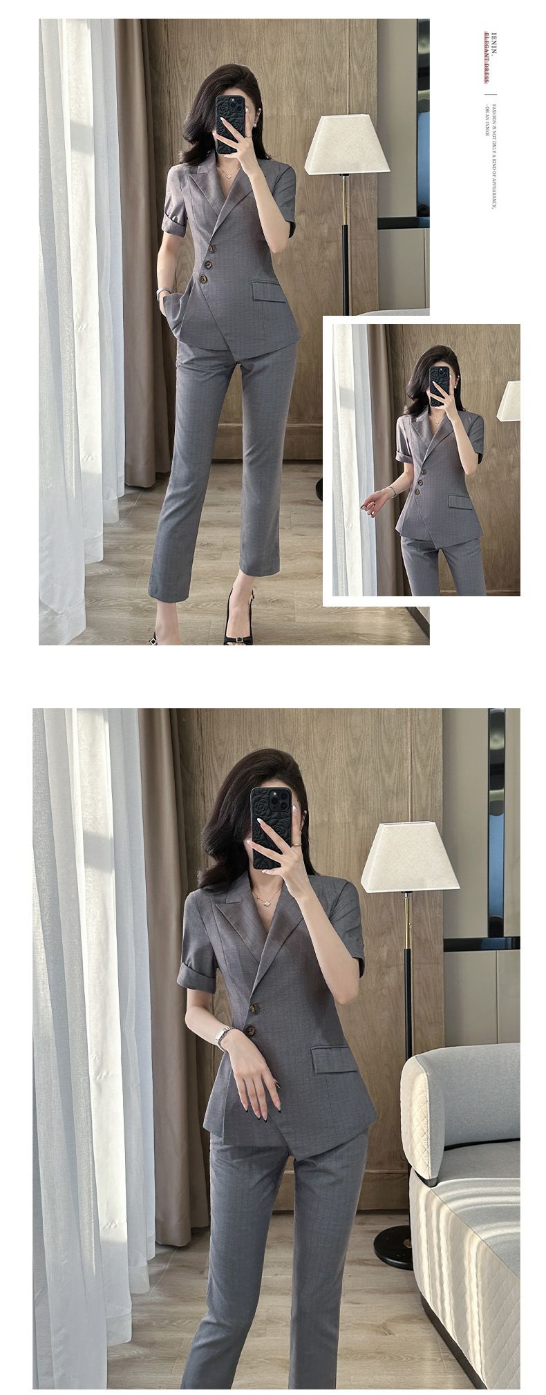 Tamnoplavo profesionalno odijelo kratkih rukava, ženski ljetni tanki dizajn, voditeljica recepcije hotela, svečana odjeća_voghion.com