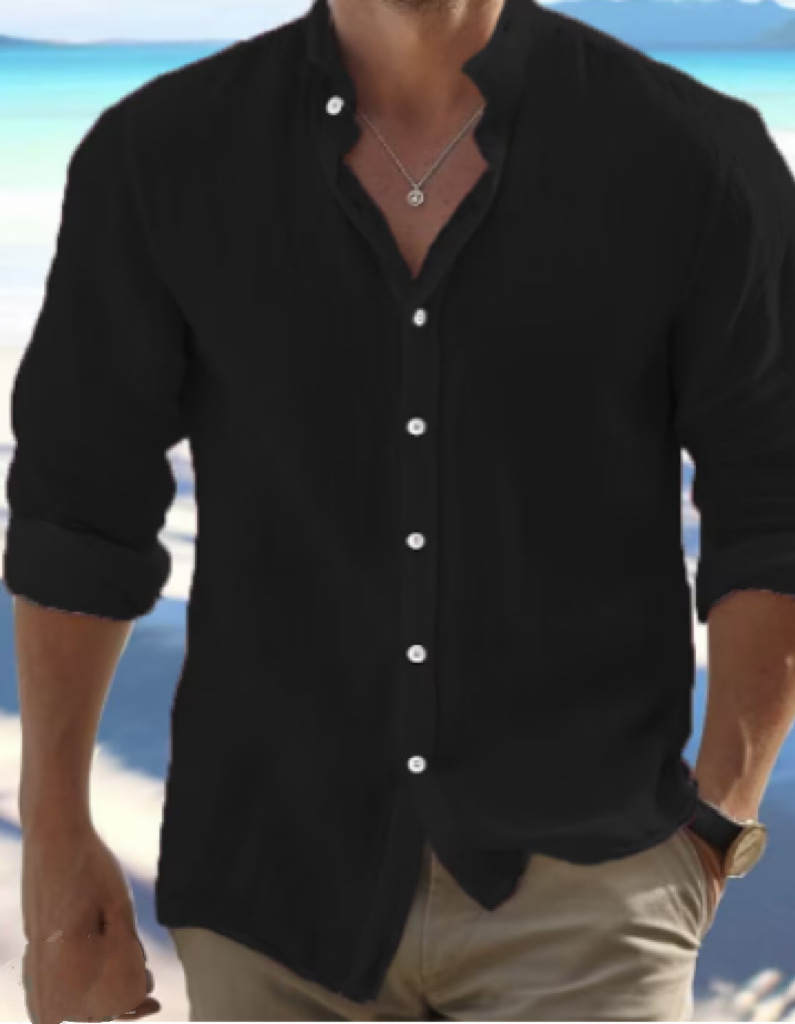 Strandhemd aus Leinen für Herren mit Knöpfen, langärmeliger, schlichter Kragen, lässige Alltagskleidung für Frühling und Sommer_voghion.com