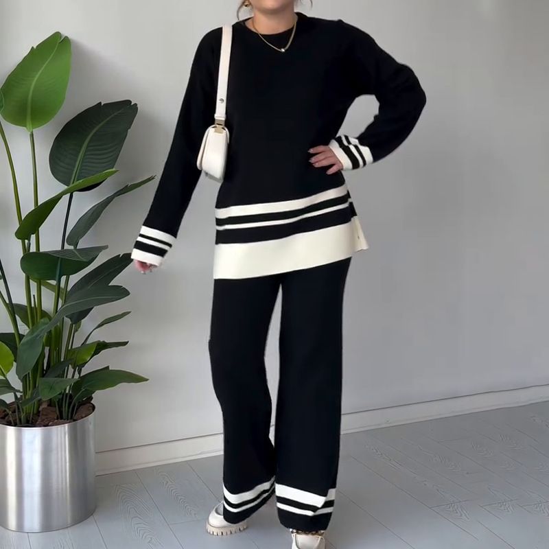 Women's Clothing new fashion leisure lazy style knitted contrast color comfortable suit_voghion.com