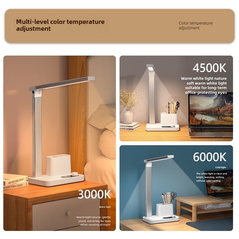 Nuova lampada da scrivania con protezione per gli occhi, lampada da lettura multifunzionale per studenti, lampada da comodino a LED con dimmer a tre colori, carica e collegamento a doppio scopo_voghion.com