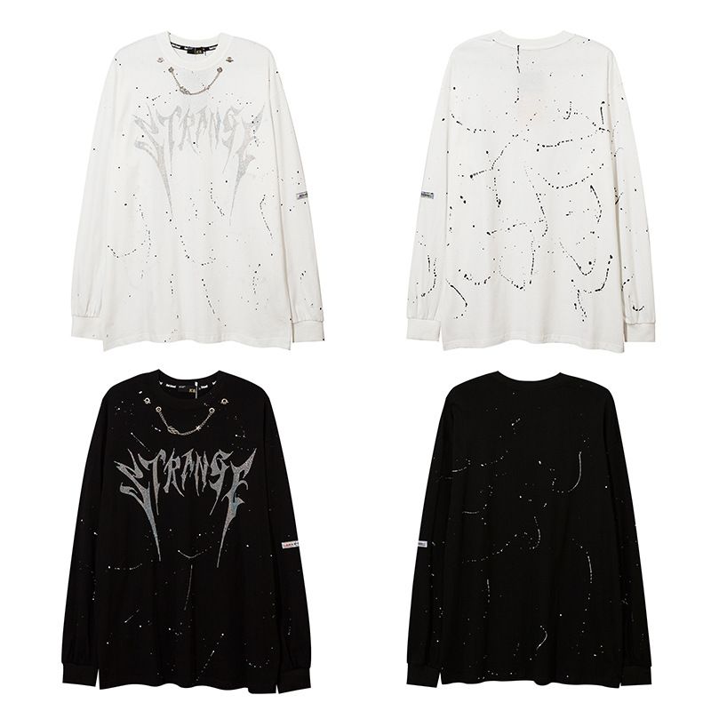 Felpa girocollo con fodera in pile con strass e lettere High Street, unisex, autunno inverno, tendenza, ampia, a maniche lunghe_voghion.com