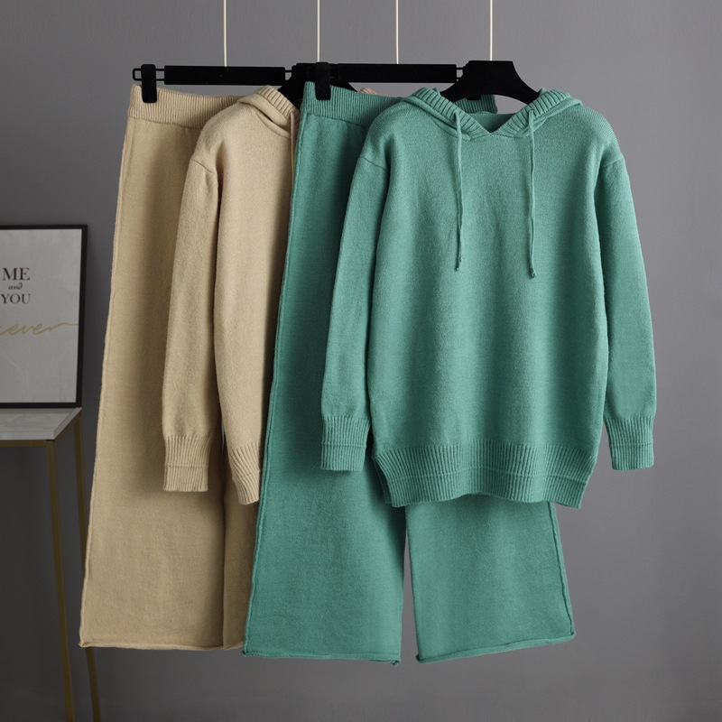 Women's Lazy Style Hooded Sweatshirt Knit Set Fashion Casual Sweater Long Pants Two Piece Set_voghion.com