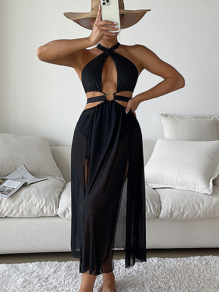 backless badpak uit één stuk effen kleur sexy sluwe holle strand mesh rok badpak dames_voghion.com