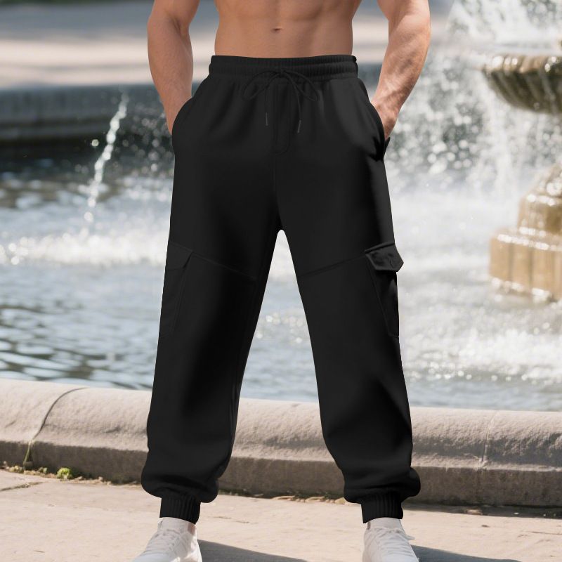 Autumn Winter Fleece Drawstring Men's Loose Casual Sports Multi-Pocket Cargo Pants_voghion.com