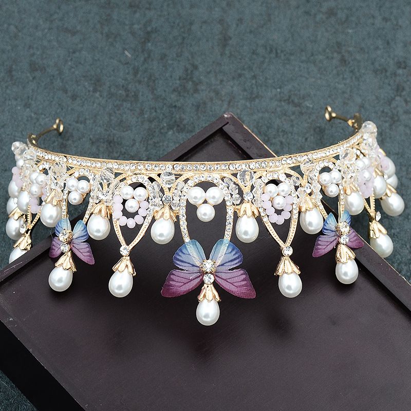 Colorful butterfly pearl tiara bridal crown children's performance hair accessories birthday party crown handmade bridal jewelry_voghion.com