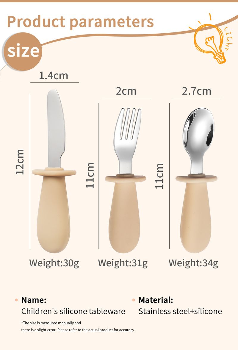 Conjunto de 3 peças de faca, garfo e colher infantil de aço inoxidável 316 com cabo curto de silicone para mãe e filhos, colher para comer infantil, utensílios de mesa portáteis_voghion.com