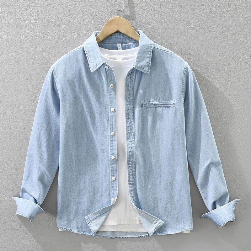 Camicia a maniche lunghe in denim retrò da uomo, alla moda e versatile, top ampio e casual._voghion.com