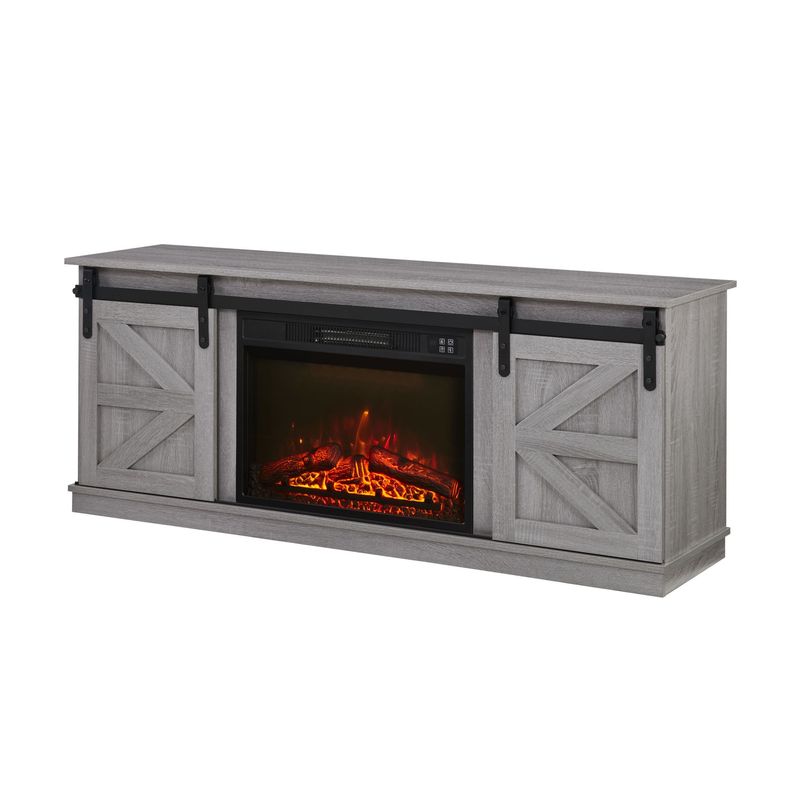 Fireplace TV Stand For Television Up To 65 Inch With Storage And Farmhouse Sliding Barn Doors, Entertainment Center With Cabinet And Shelves,Grey_voghion.com