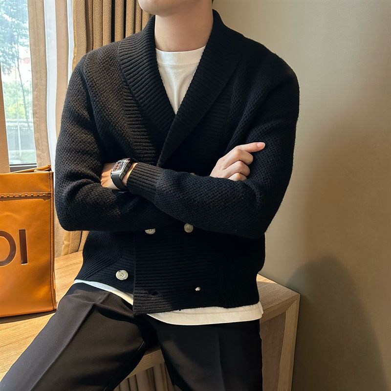 Business Herren Grün Obst Kragen Zweireiher Design Strickjacke Pullover Warm Herbst Winter Casual_voghion.com