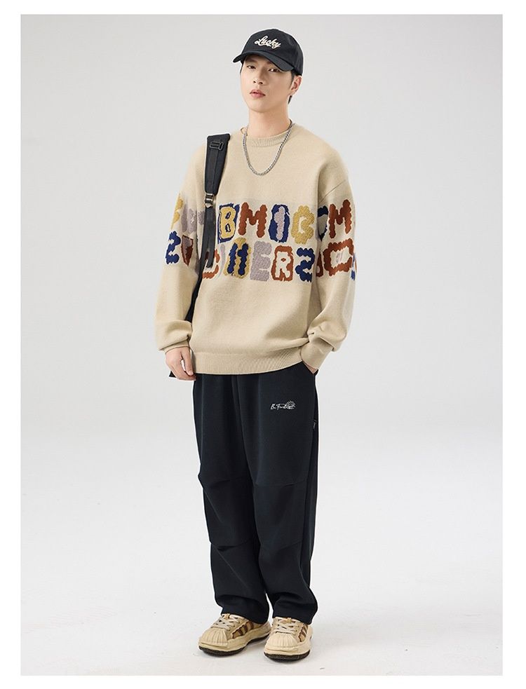 Hue Hue 2024 New Heavyweight Crew Neck Sweater For Men, Autumn And Winter Trendy Youth Lazy Style Loose Base Knitwear_voghion.com