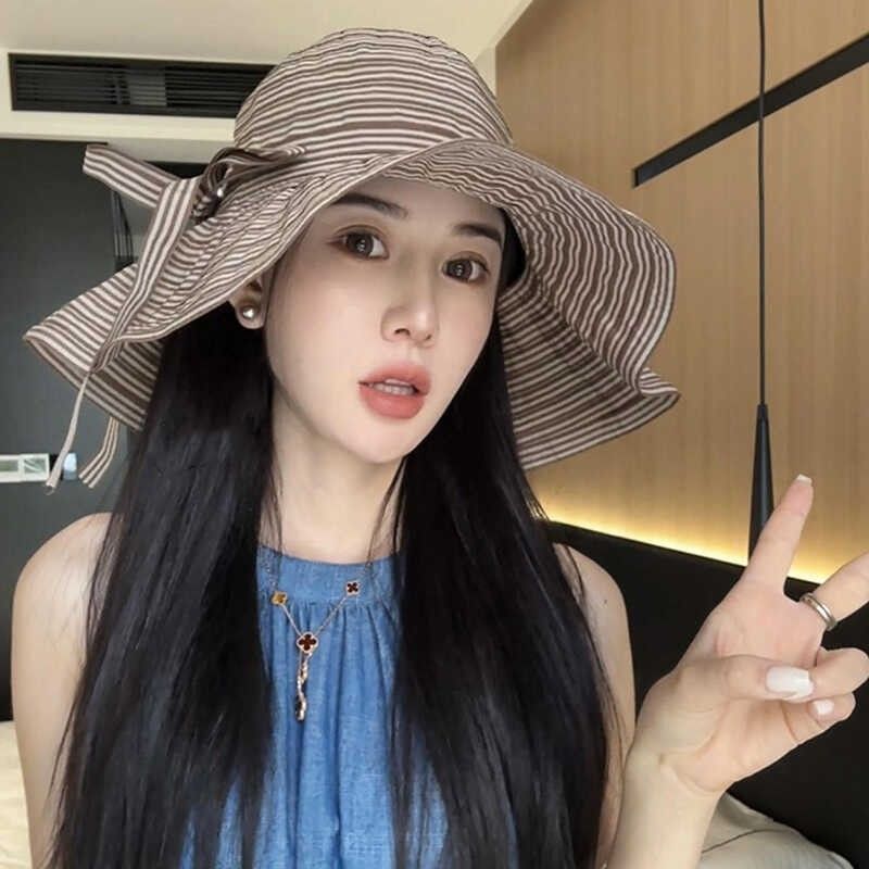 Sommer Neue Gestreifte Mode Breiter Sonnenschirm Urlaub Strand Sonnenschutz Grün frauen Krempe Hut_voghion.com