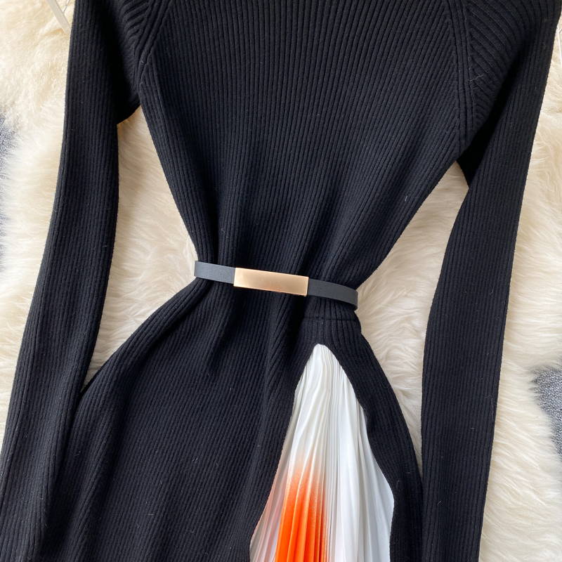 Abito da donna elegante in maglia con cuciture sfumate di colore pieghettato in vita sottile ampio abito altalena da donna nuovo abbigliamento autunnale_voghion.com