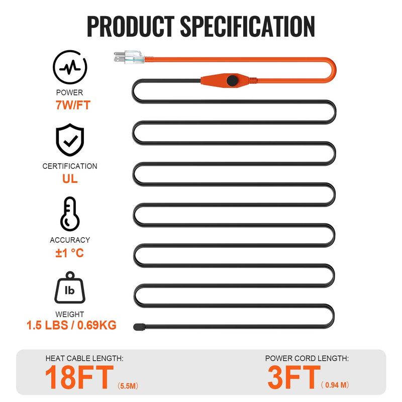 Pipe Heating Cable 18FT 7W/FT Heat Tape For Pipes With Built-in Thermostat_voghion.com