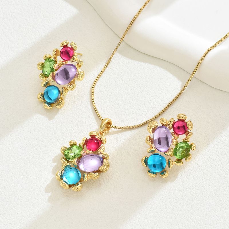 Small Fresh Korean Style Ladies Long Necklace Earrings Set Personality Inlaid With Colored Gemstones Irregular Clavicle Chain Earrings_voghion.com