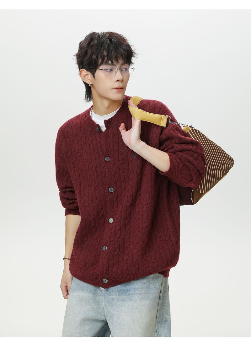 Cardigan da uomo in maglia a trecce con scollo rotondo, da uomo, autunno e inverno, retrò, con ricamo a contrasto di colore, morbido e glutinoso, giacca_voghion.com