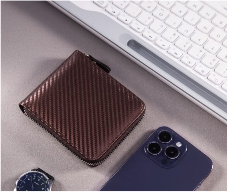 Carteira masculina com porta-cartões, carteira curta com estampa de fibra de carbono, grande capacidade, zíper, porta-cartões, corrente_voghion.com