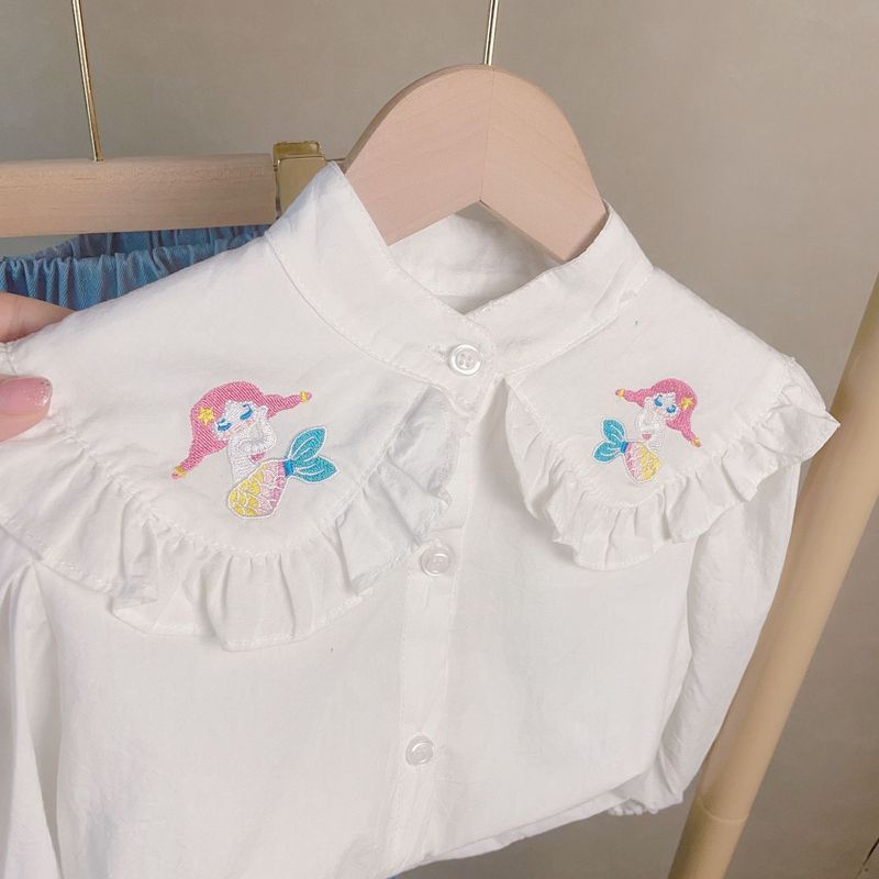 Abbigliamento per bambini, graziosa camicia con colletto ricamato per ragazze e abito a due pezzi in jeans_voghion.com
