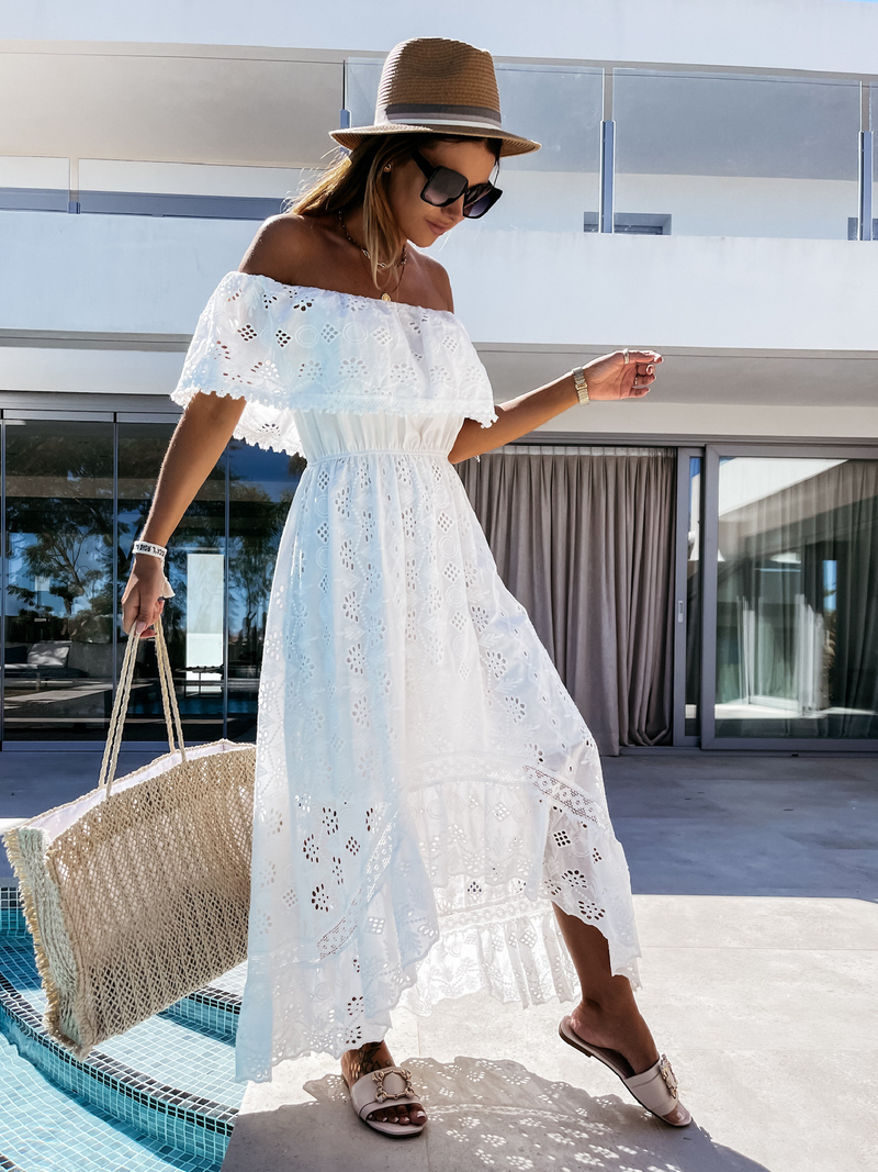 Damen Boho Spitze Spitze Langes Kleid Weißes Strandkleid neues trägerloses Linie Schulter sexy Kleid_voghion.com