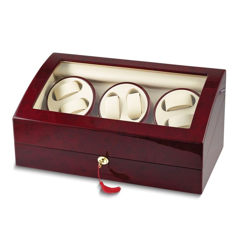 Rotations High Gloss Red Burlwood Finish With Acrylic Window Leather Lined Locking Wooden 6-Watch Winder With 6-Watch Storage Area (AC Powered)_voghion.com