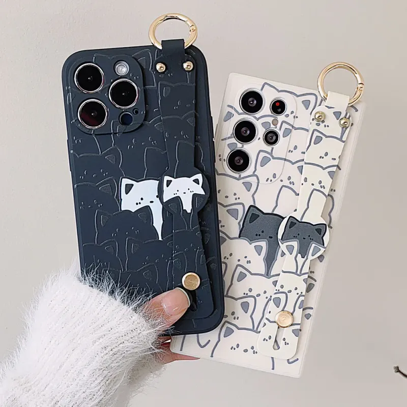 For Iphone 16 Pro Max Plus Wrist Strap Phone Holder Cute Funny Cartoon Black White Cat Pattern Soft TPU Case Shockproof_voghion.com