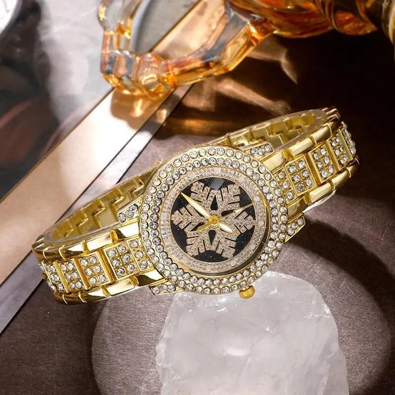 Kuum müüdav tähistaevas terasest vöö, mis on inkrusteeritud teemantlehtedega, naiste käekell, moodne täisteemantidega naiste kvartskell_voghion.com