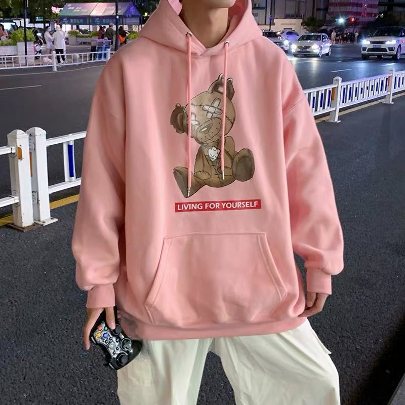 Felpa rosa autunnale per uomo, alla moda, con cappuccio, versione coreana, stile casual, in pile sottile, da uomo, moda 12_voghion.com