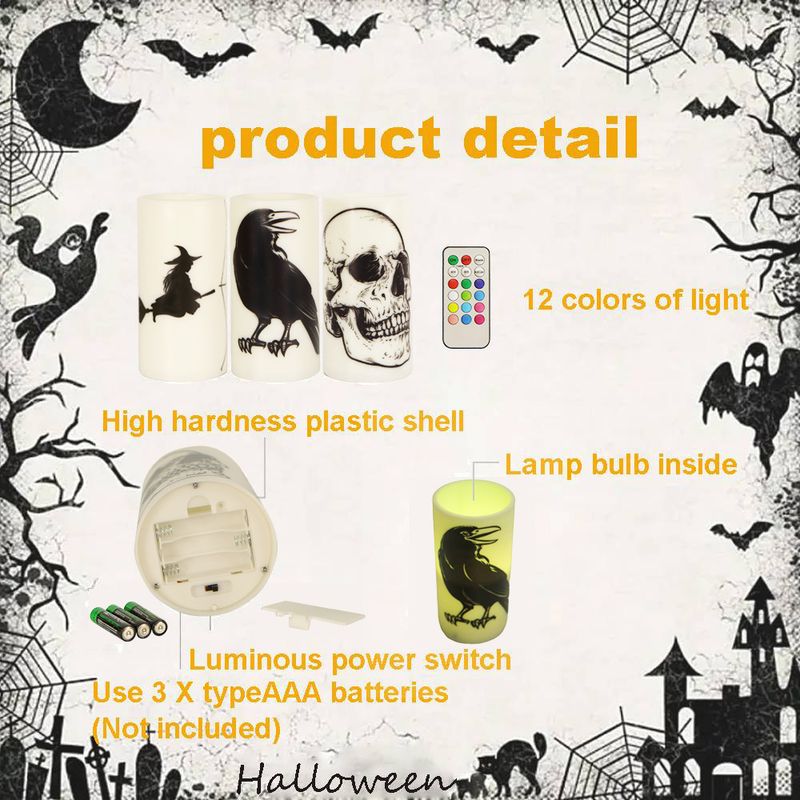 Gruseliges Halloween LED-Kerzen-Set – 3-teilige flammenlose Flackerkerzen mit Totenkopf-, Raben- und Spinnen-Motiven_voghion.com