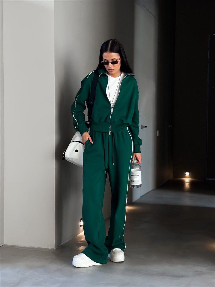 Women's Casual Streetwear Set – Zip-Up Hoodie & Drawstring Jogger Pants, Breathable Polyester Blend(S-XL, Solid Colors, Trendy Athleisure)_voghion.com