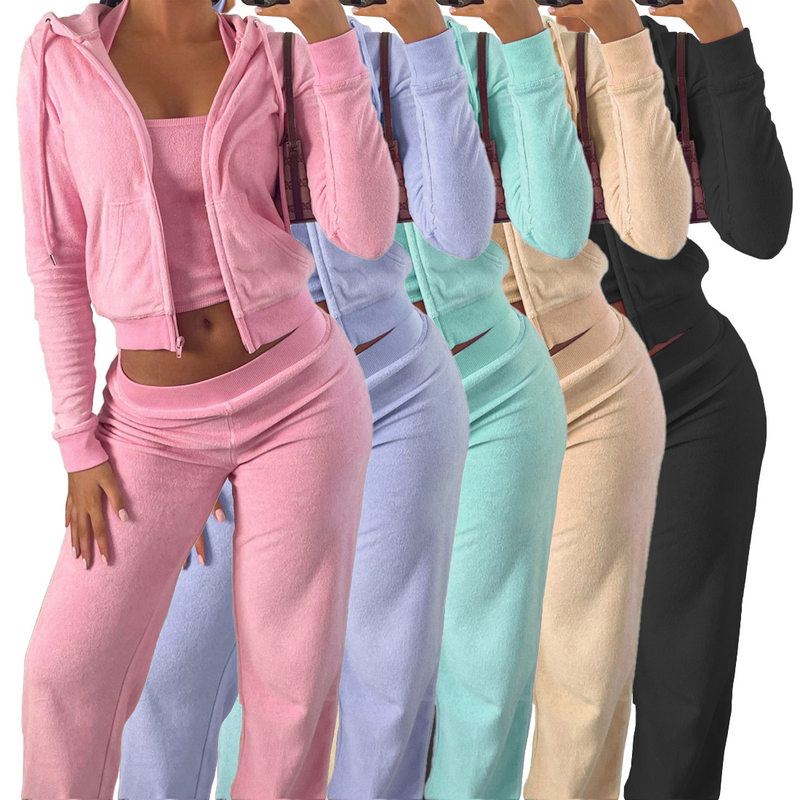 Damenbekleidung International Hot Selling Kleidung Winter Neue doppelseitige Samtweste mit Kapuze dreiteiliges Set_voghion.com