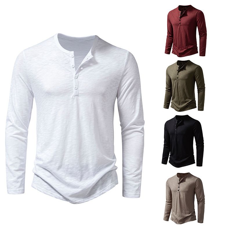 Unbeatable Quality Commuter Long Sleeved Door Collar Men's Fat Plus Size Thin Henry Neck T-shirt Pullover Bottom_voghion.com