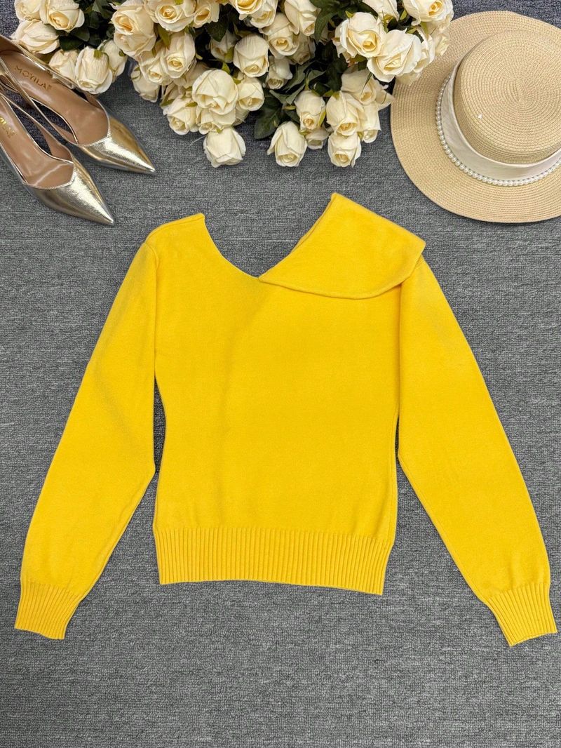 Women's Clothing Elegant Knit Pullover With Bold Lapel Collar & Decorative Front Buttons - Soft Viscose Blend, Classic Fit, Long Sleeve_voghion.com