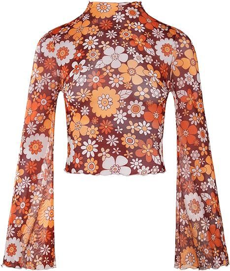 Top corto da donna con maniche a campana in rete floreale, colletto arricciato e orlo a lattuga_voghion.com