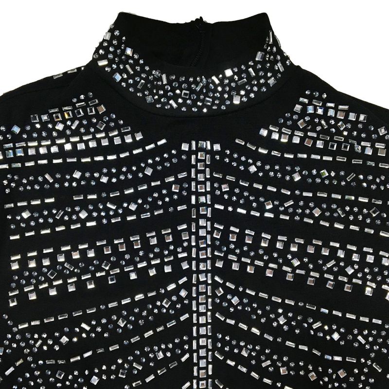 Abito da donna con gonna corta trasparente a maniche lunghe in maglia di diamanti caldi tinta unita_voghion.com