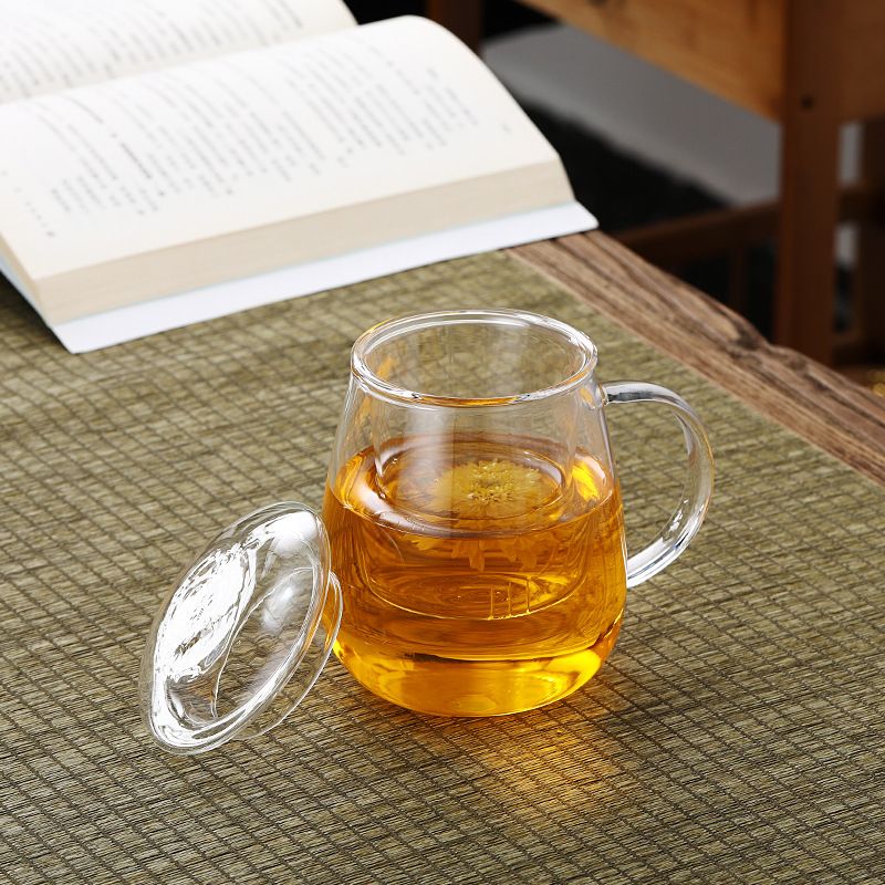 Set van 3 thee-infuserbekers met paddenstoelenmotief - verdikt glas met bamboe deksel, theezeefje en schoteltje (450 ml afneembaar zetsysteem voor gebruik op kantoor/thuis)_voghion.com