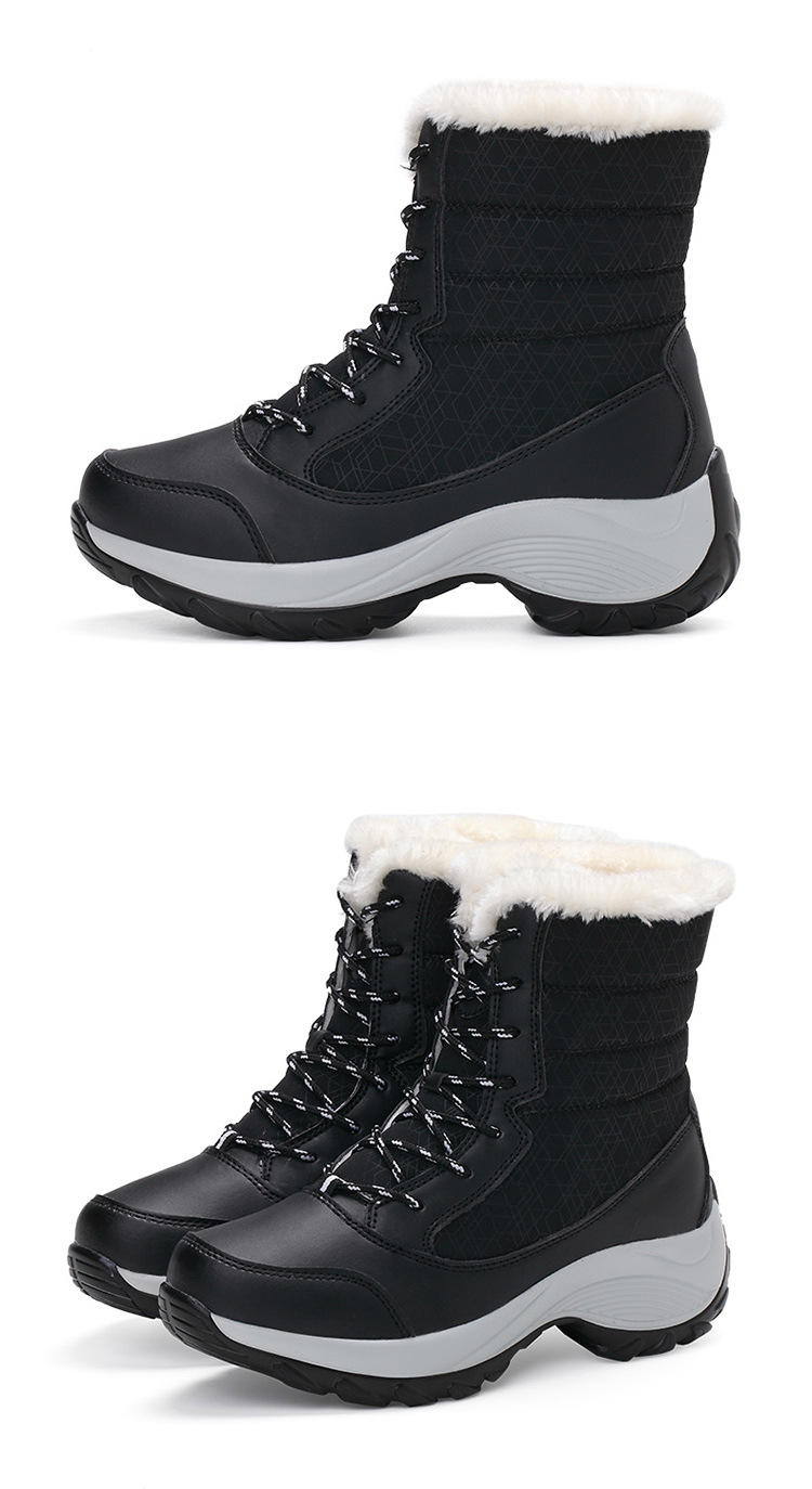 Women's Shoes Winter Snow Boots With Faux Fur Lining, Waterproof Slip-Resistant Casual Shoes, Round Toe Lace-Up Mid Heel Booties For Daily Wear_voghion.com