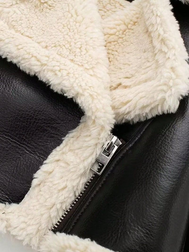 Vintage Wollmischung Jacke für Damen - Retro Oversized Reversmantel mit Kunstfellfutter, Streetwear Fashion, Schwarz_voghion.com