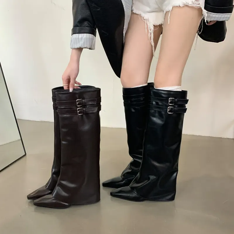 Spitzschuh Damen Winterstiefel Keil High Heels Gürtelschnalle Schwarz Braun PU Leder Botas Fashion Abendschuhe Frau 39_voghion.com