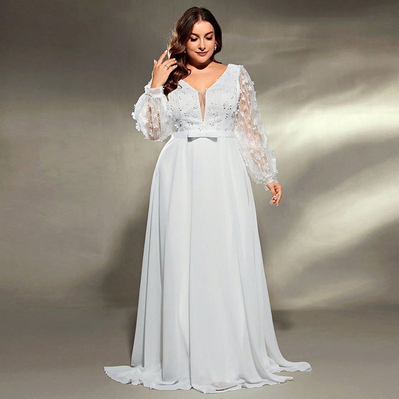Elegantes Abendkleid mit V-Ausschnitt und langen Ärmeln für Damen – Abendkleid in Übergröße für Hochzeit, Bankett und Party_voghion.com