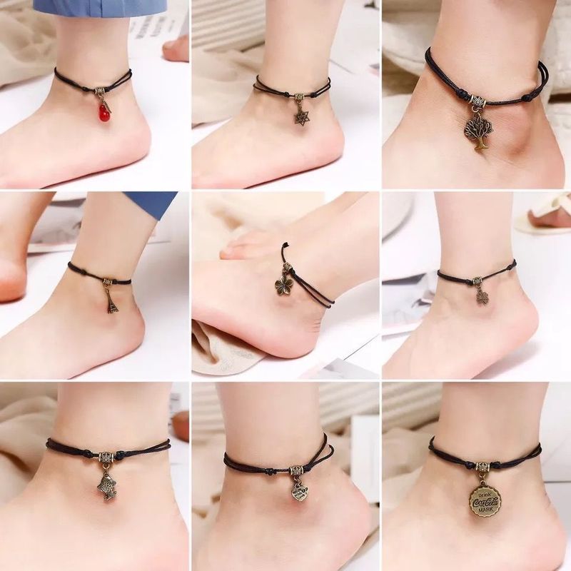 Bracelet de cheville en agate noire tissée à la main pour étudiant, simple, cordon rouge, année du zodiaque, cloche, bijoux_voghion.com