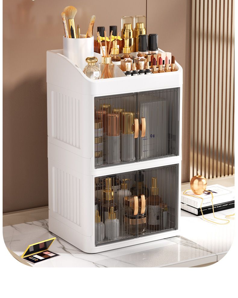Foldable Double Door Crown Black Drawer Box, Multi-layer Stationery Shelf, Household Cosmetics And Skincare Product_voghion.com